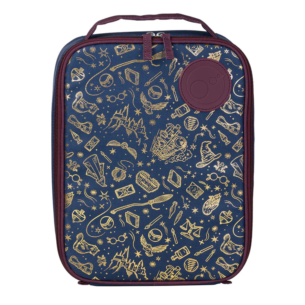 insulated lunch bag with gold pattern on blue background
