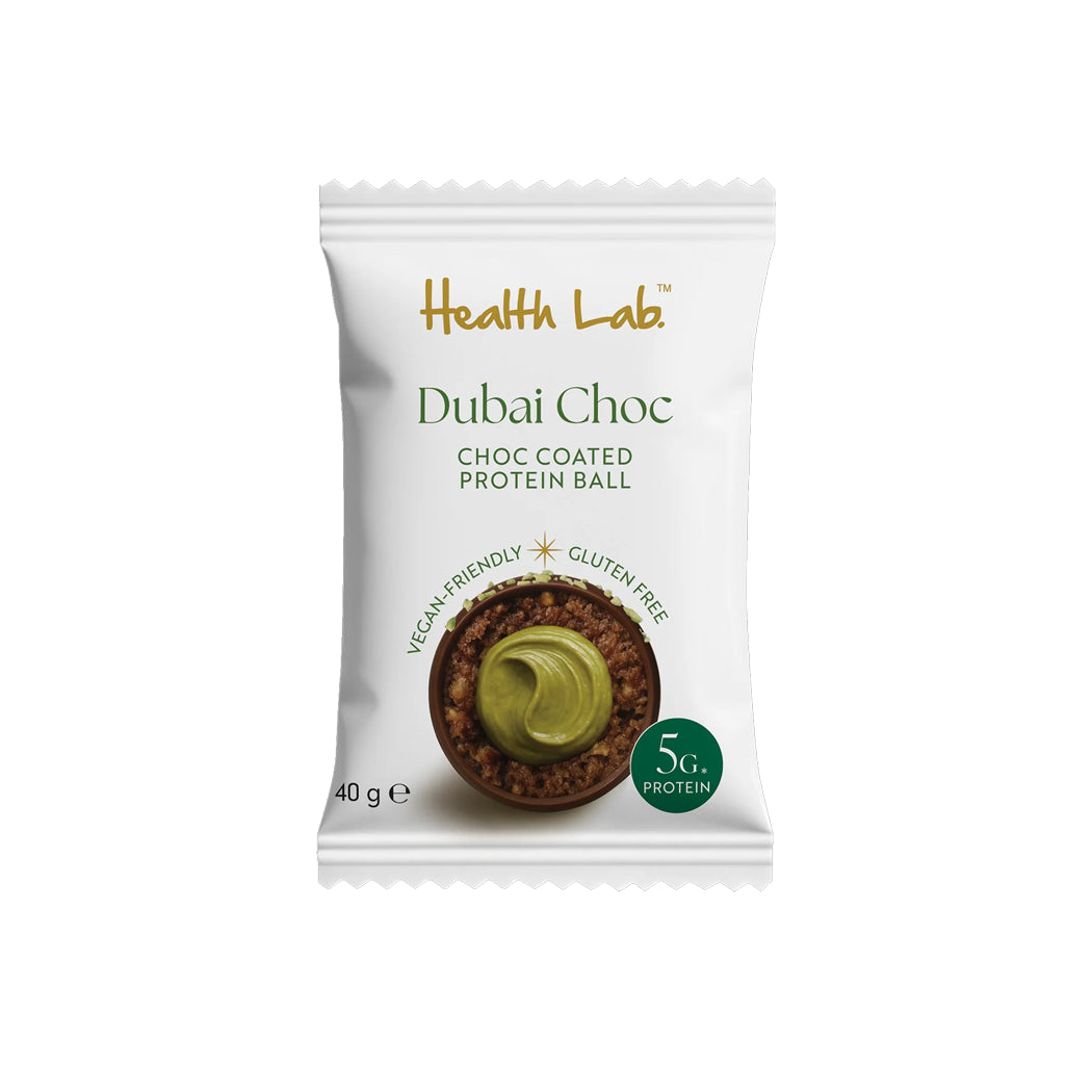 Health Lab Dubai Choc protein ball packaging on a white background