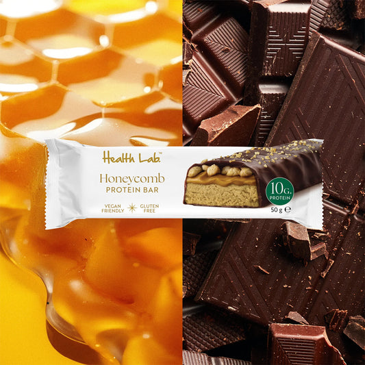 Collage of honeycomb, chocolate bars, and a Health Lab honeycomb protein bar.