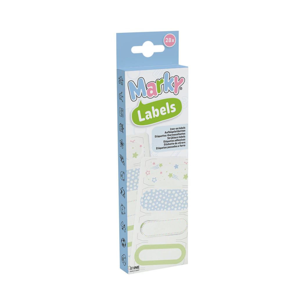 Packaging of Marky Labels on a white background