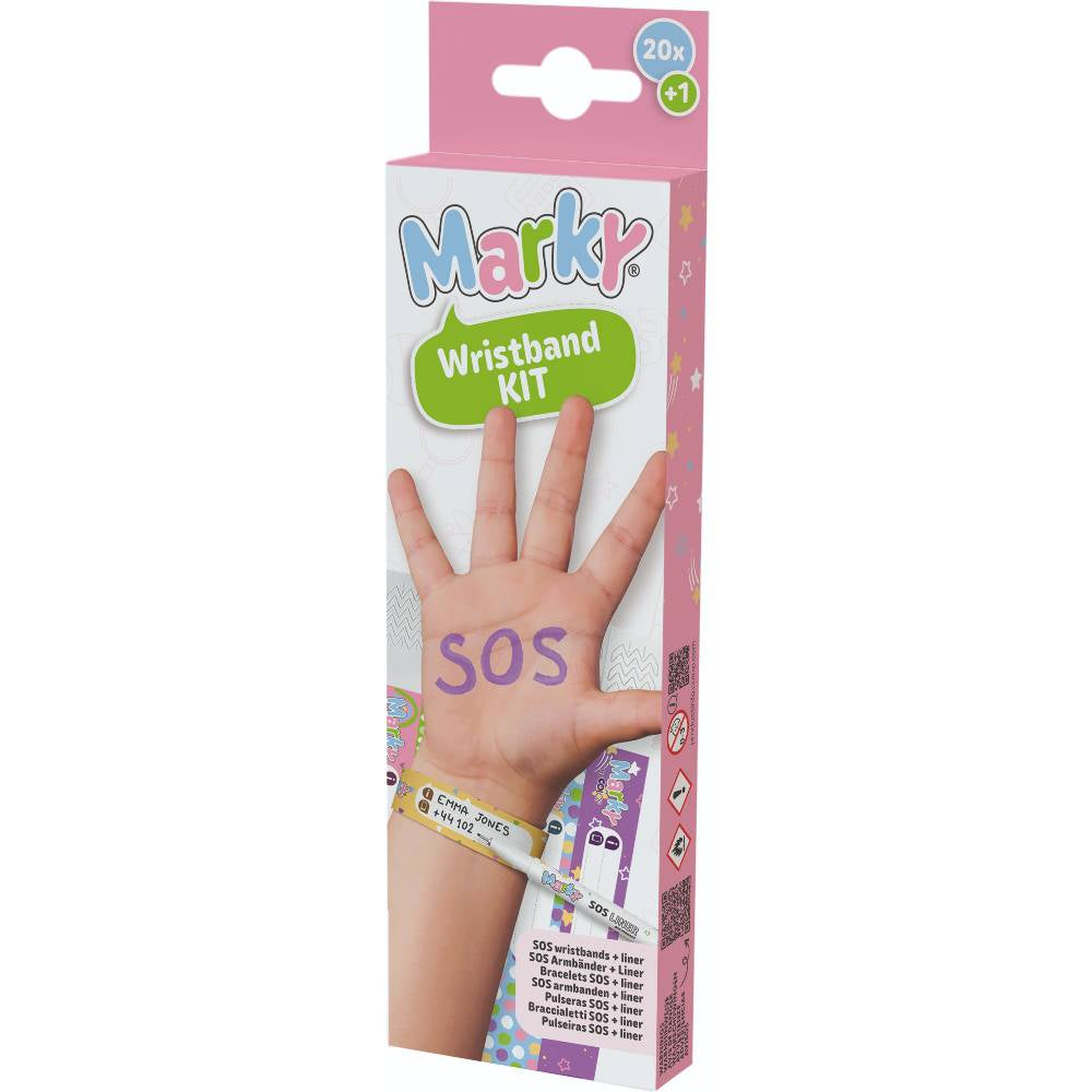 Marky Wristband Kit packaging with a hand wearing a wristband on a white background