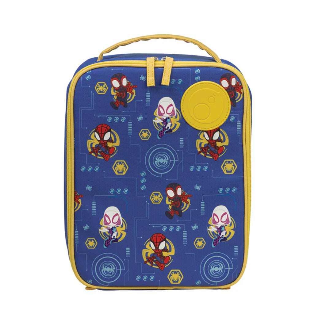 Blue lunch bag with superhero characters on a white background