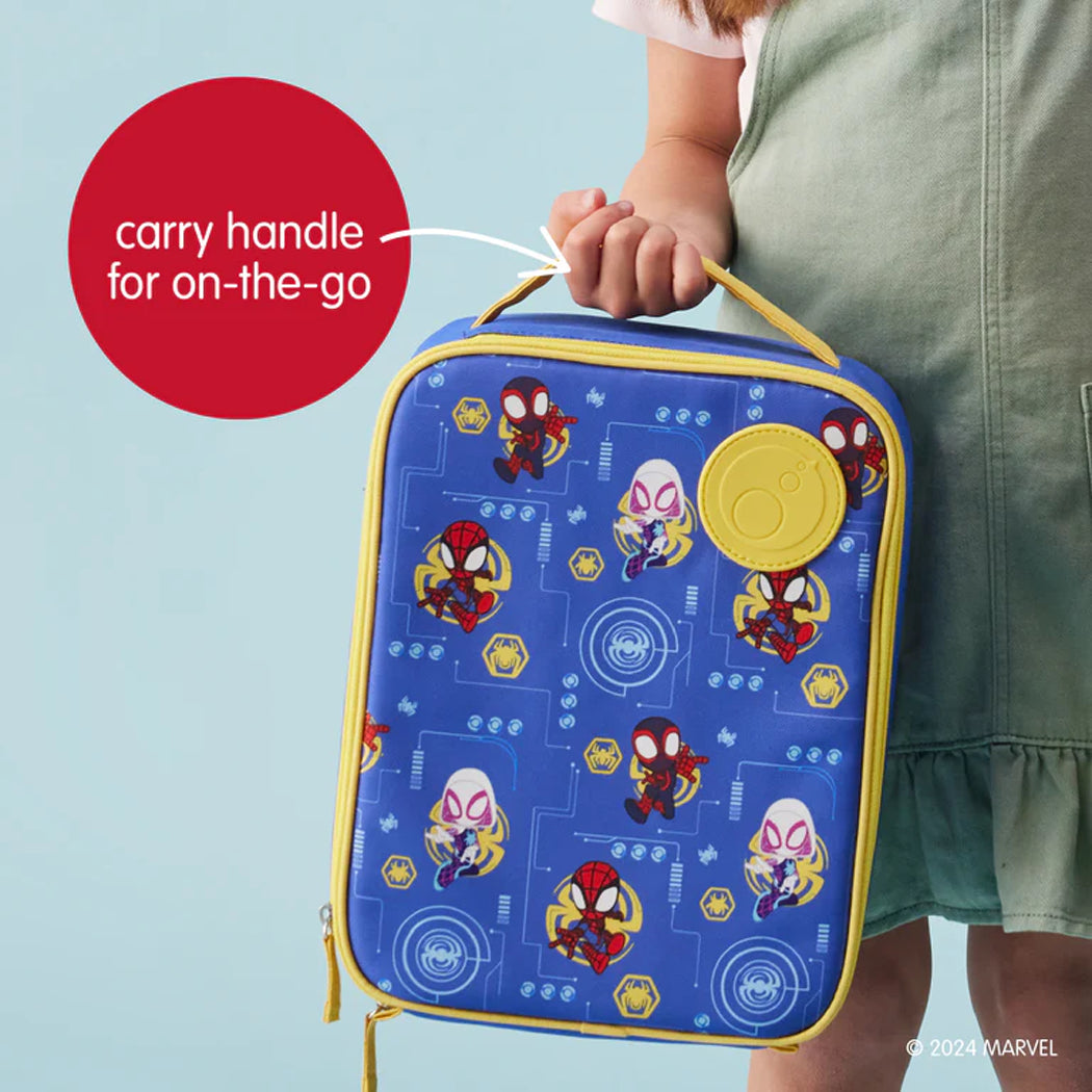 Blue lunch bag with Spider-Man design held by a person against a light blue background