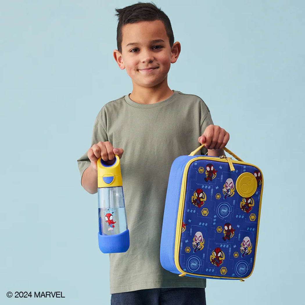 Child holding a blue lunch bag with Marvel character design and a blue water bottle against a light blue background.
