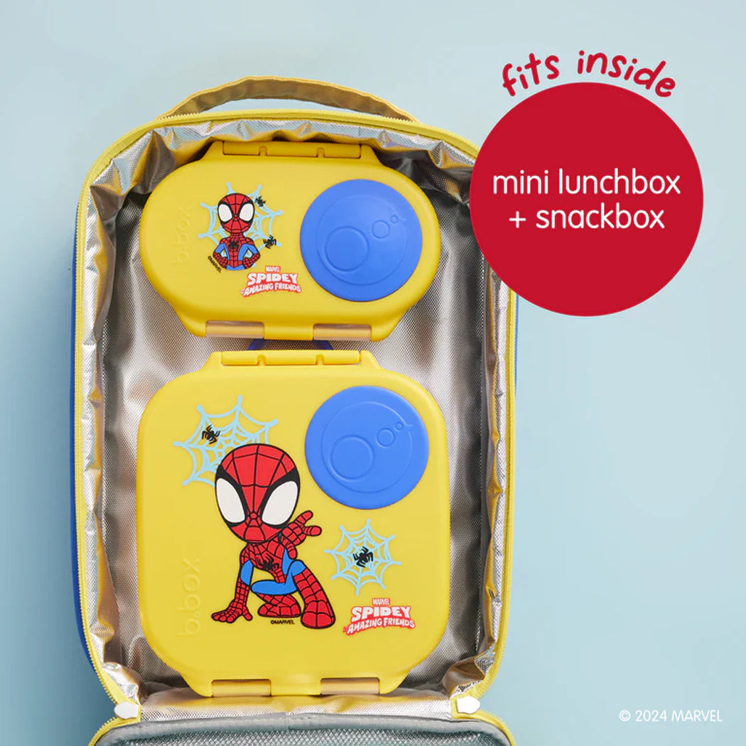 Spider-Man themed mini lunchbox and snackbox set with a larger bag on a light blue background.