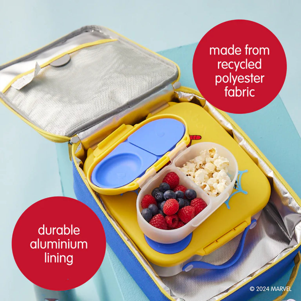Yellow and blue lunch box with compartments filled with snacks, labeled as made from recycled polyester fabric and having a durable aluminium lining.