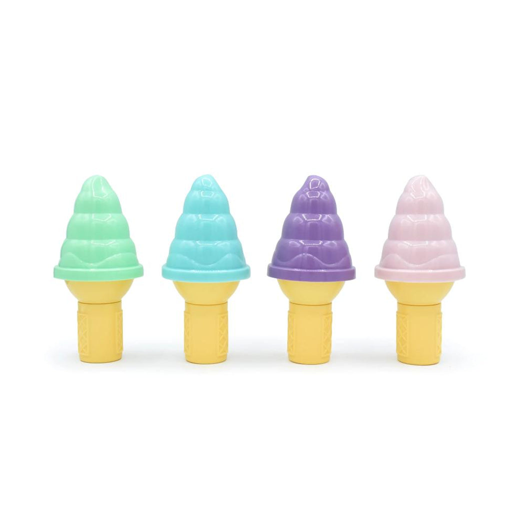 Four ice cream cone-shaped crayons in pastel colors on a white background