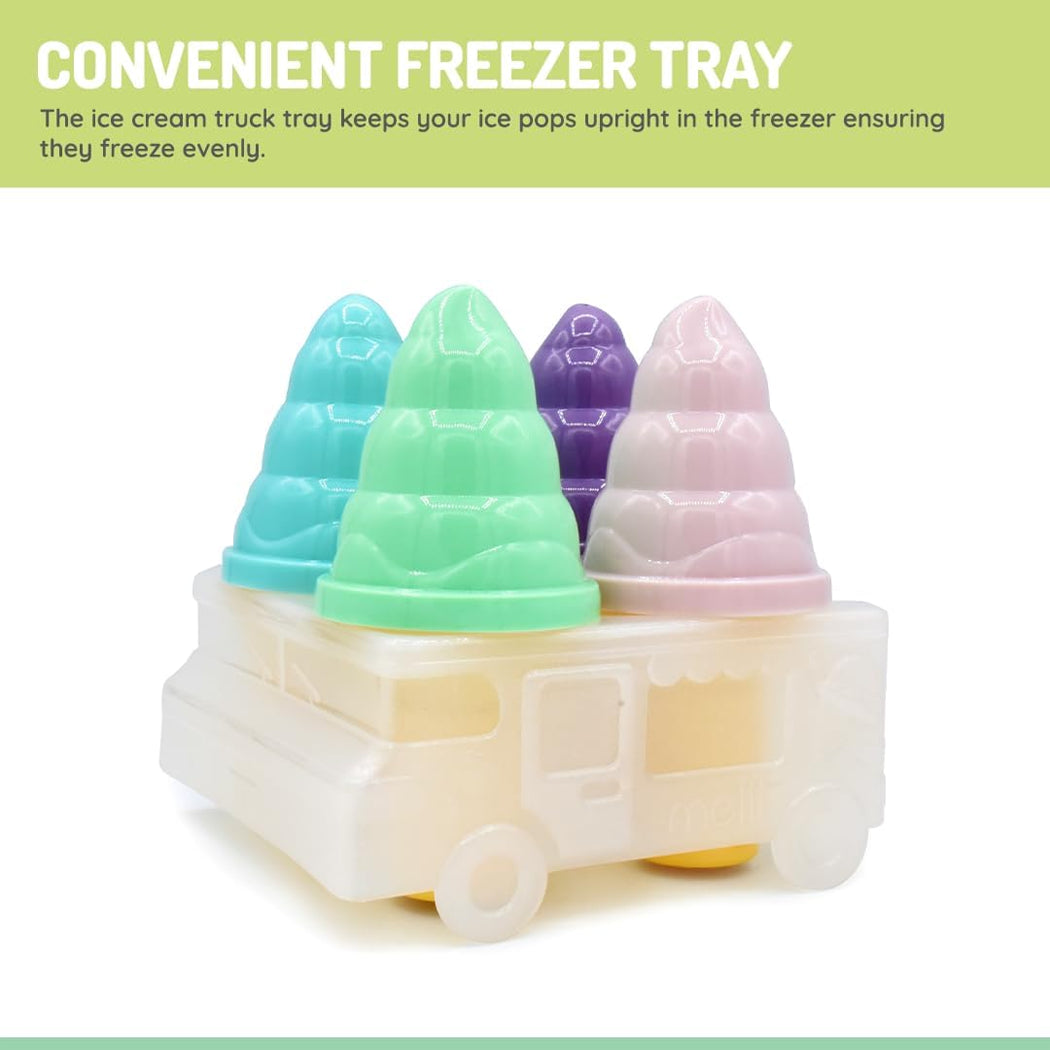 Ice cream truck-shaped freezer tray with colorful ice cream cone molds on a white background.