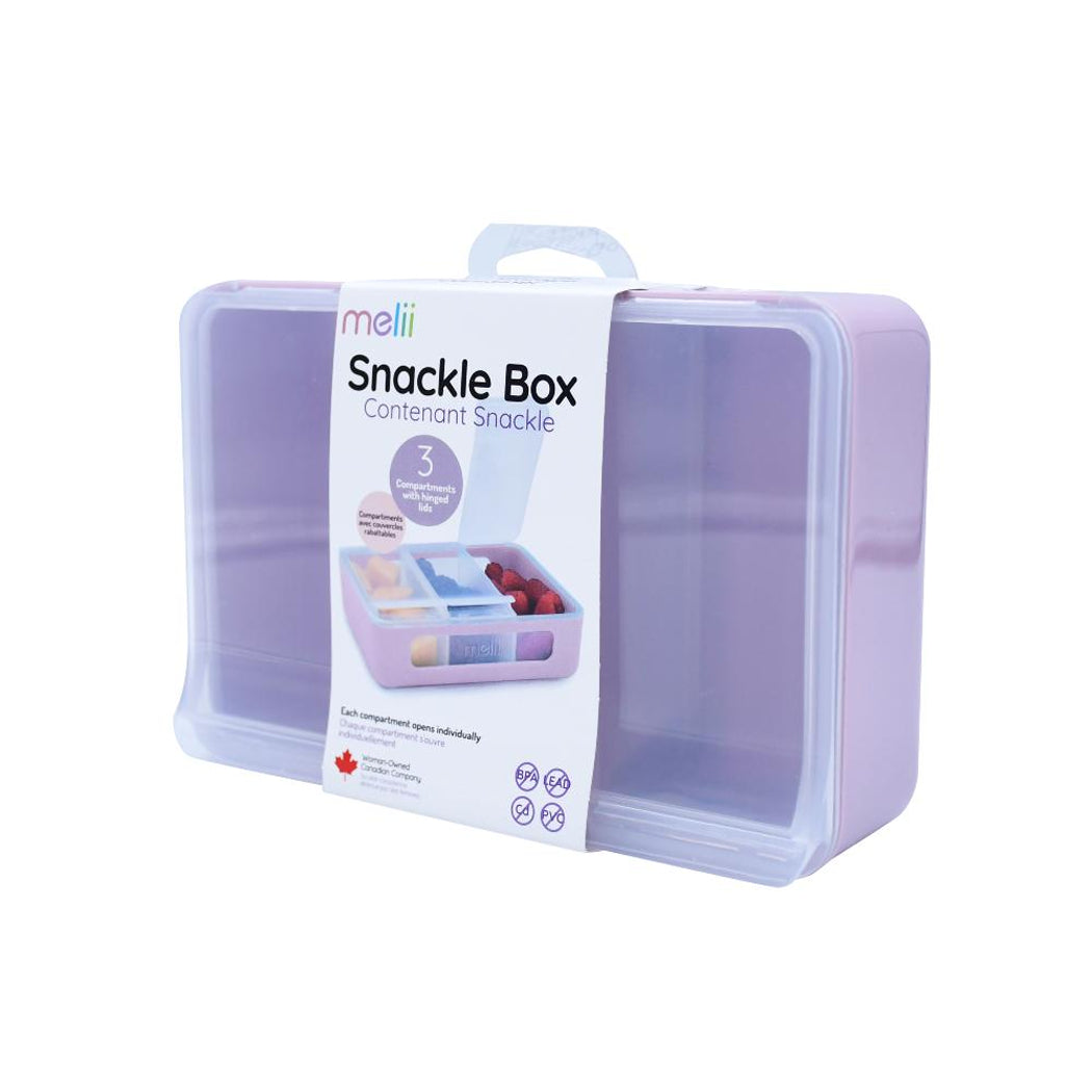 Purple snack box with packaging labeled 'mellii Snackle Box' on a white background