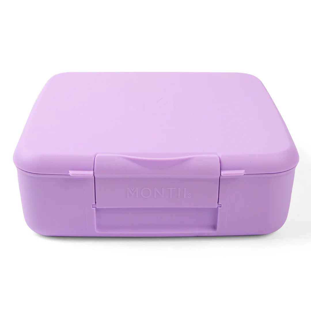 Purple lunch box with 'Montii' branding on a white background
