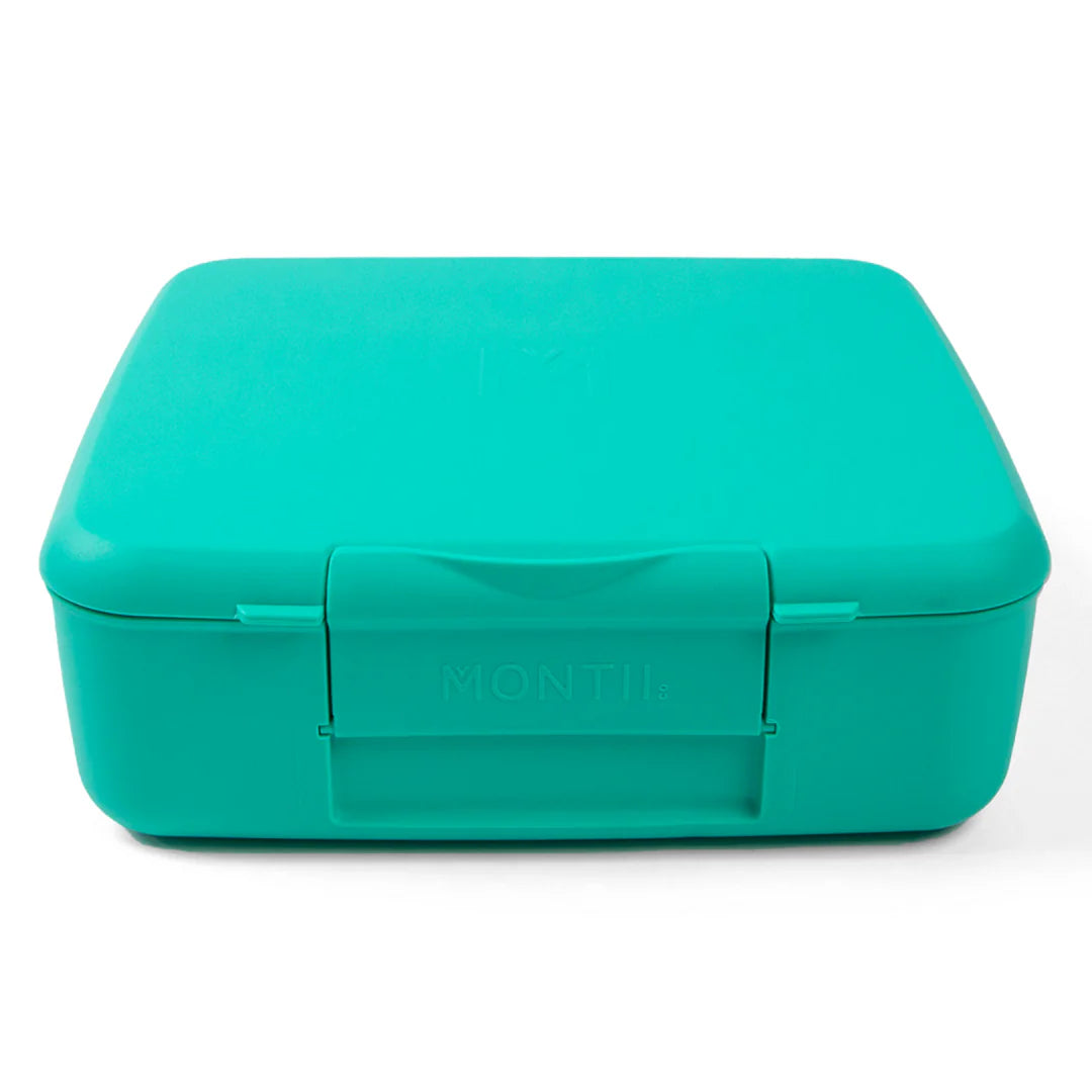 Turquoise lunch box with 'Montii' branding on a white background