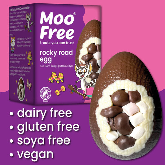 Moo Free rocky road egg packaging with an Easter egg on a pink and purple background