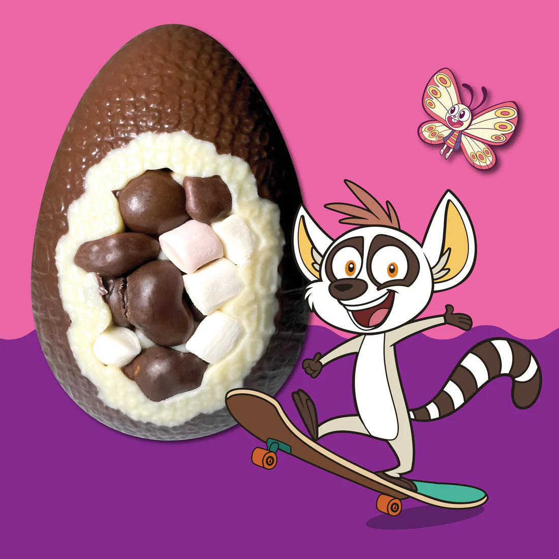 Chocolate egg with marshmallows and chocolate pieces on a pink and purple background with a cartoon lemur and butterfly.