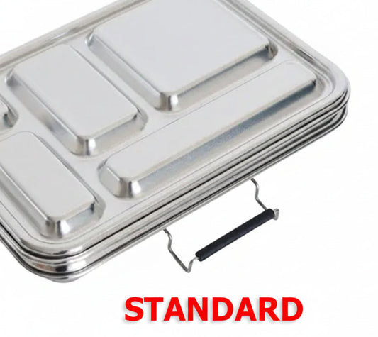 Metallic lid with five compartments and a latch on a white background