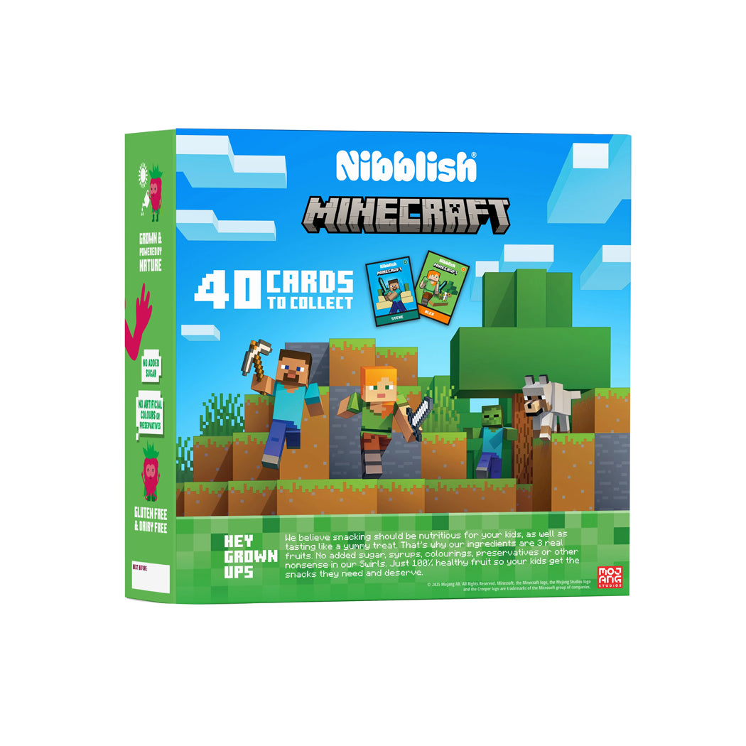 Nibblish Minecraft card game packaging with characters and text on a blue and green background