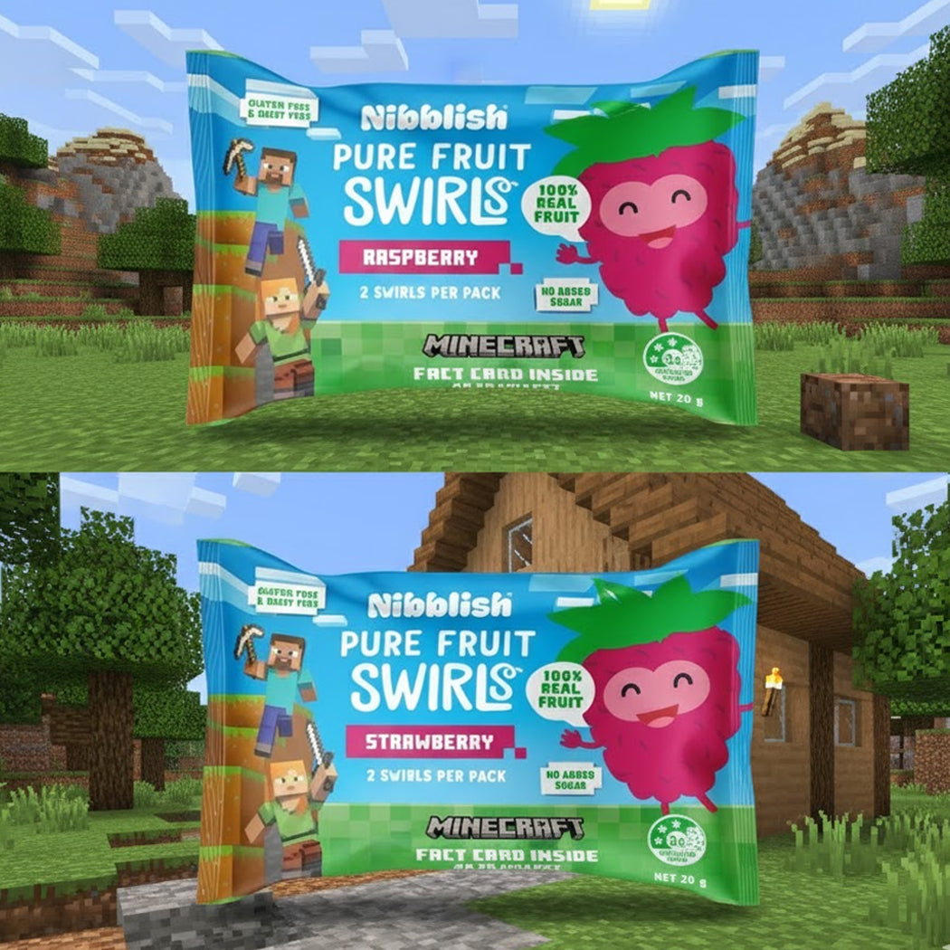 Nibblish Pure Fruit Swirls packaging with Minecraft characters on a pixelated landscape background.