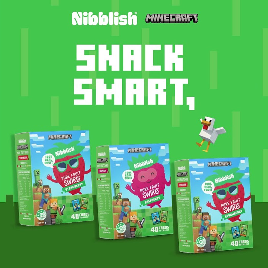 Nibblish Minecraft snack packages on a green background with the brand logo.