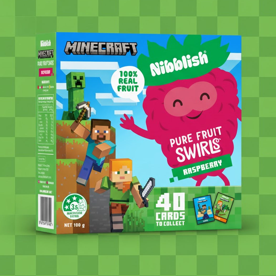 Minecraft-themed Nibblelish pure fruit swirls packaging on a green checkered background