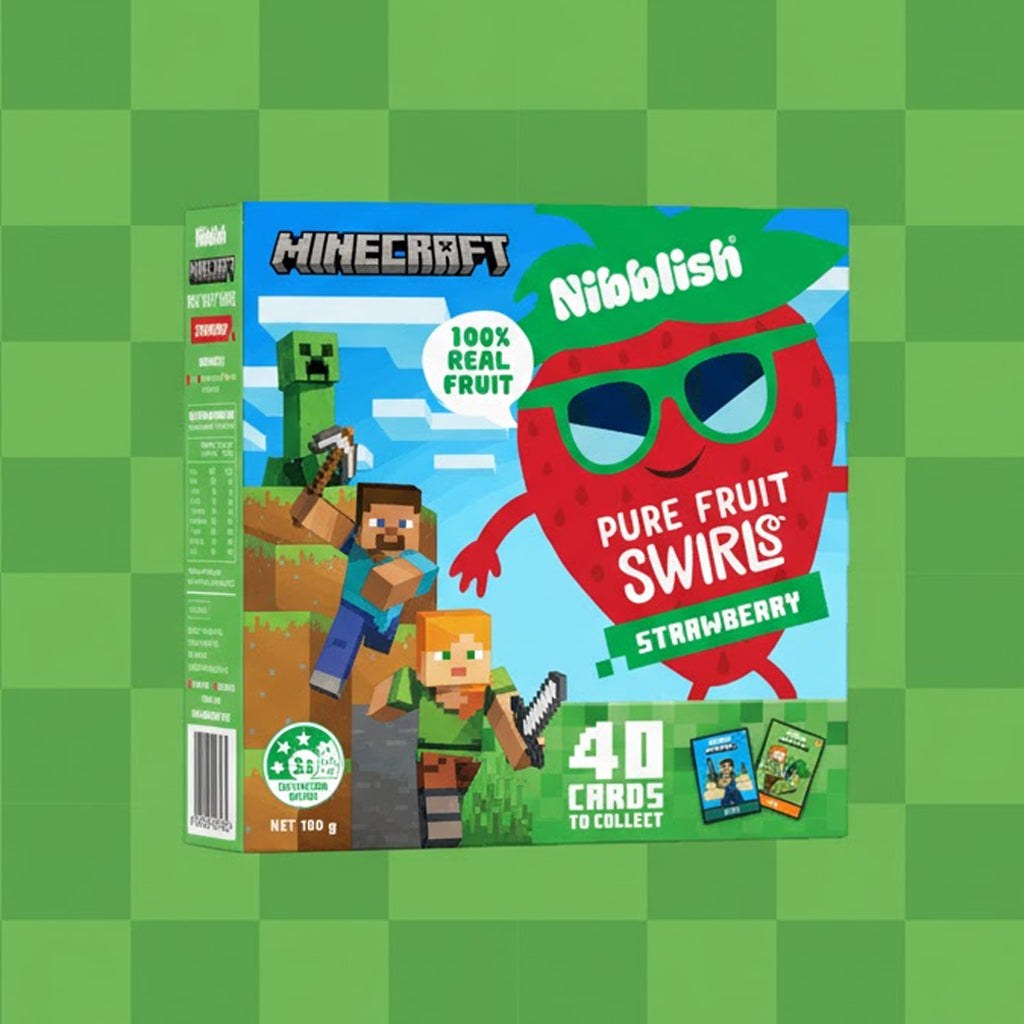 Minecraft-themed Nibblish pure fruit swirls packaging on a green checkered background