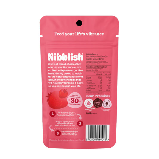Pink packaging of Nibblish snacks with text and branding on a white background
