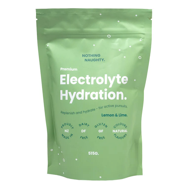 Green package of electrolyte hydration powder with text on a white background