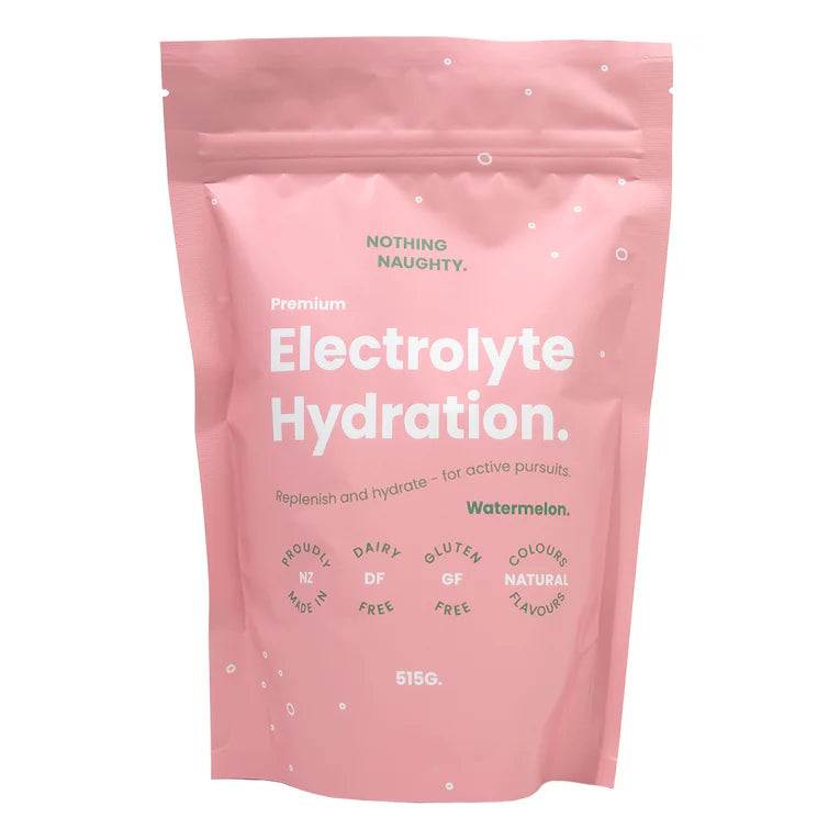 Pink package of Electrolyte Hydration on a white background