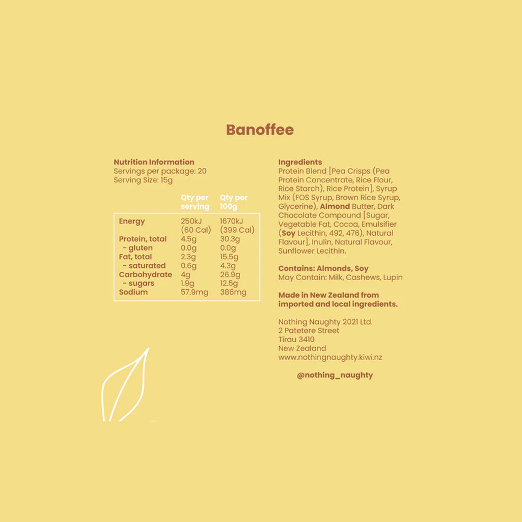 Nutrition information and ingredients list for a product labeled 'Banoffee' on a yellow background.