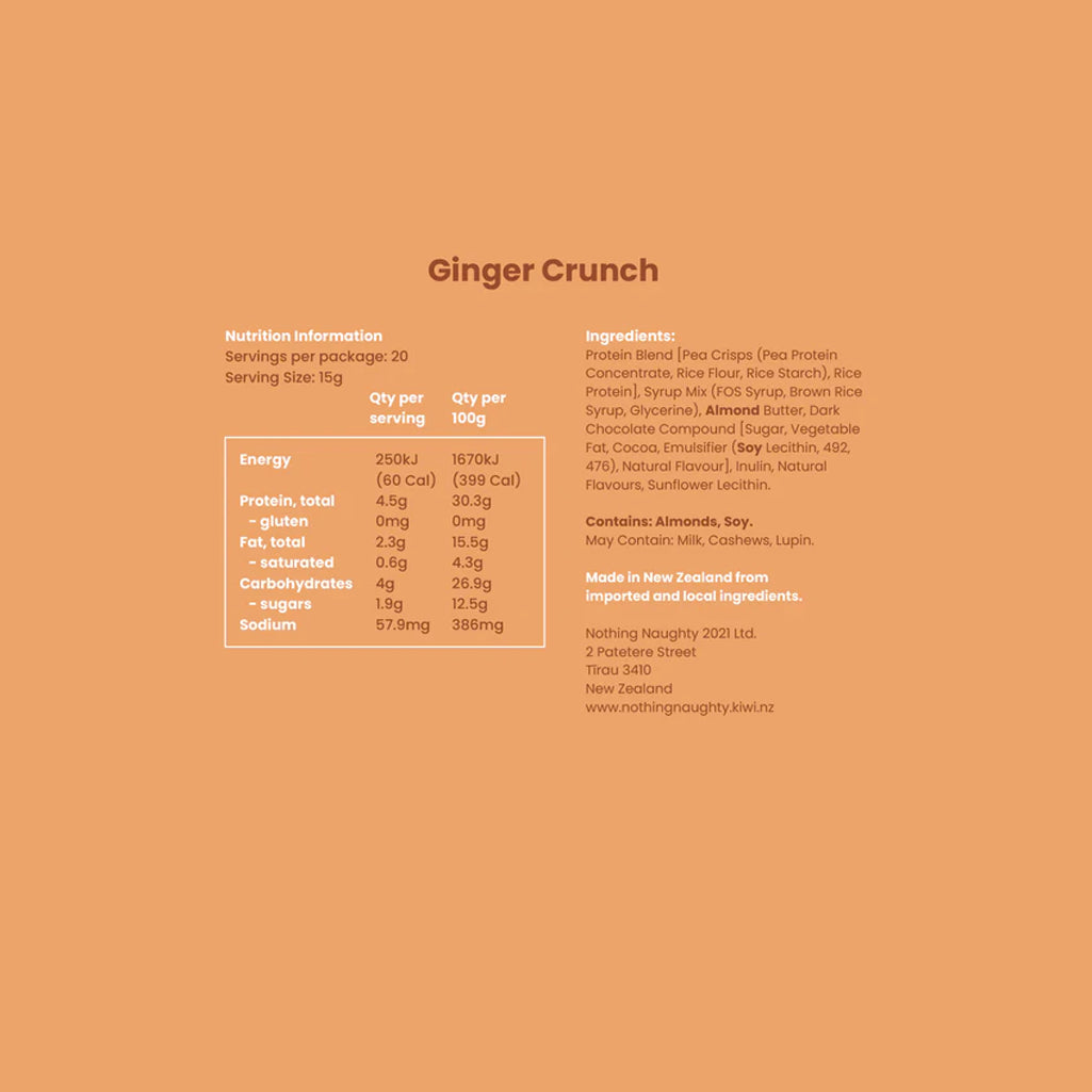 Nutrition information and ingredient list for Ginger Crunch on a brown background