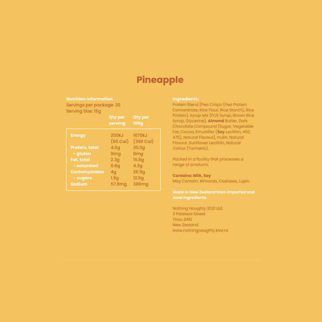 Nutrition information and ingredients list for pineapple on a yellow background
