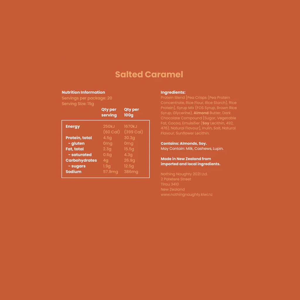 Nutrition information and ingredients list for salted caramel on a brown background