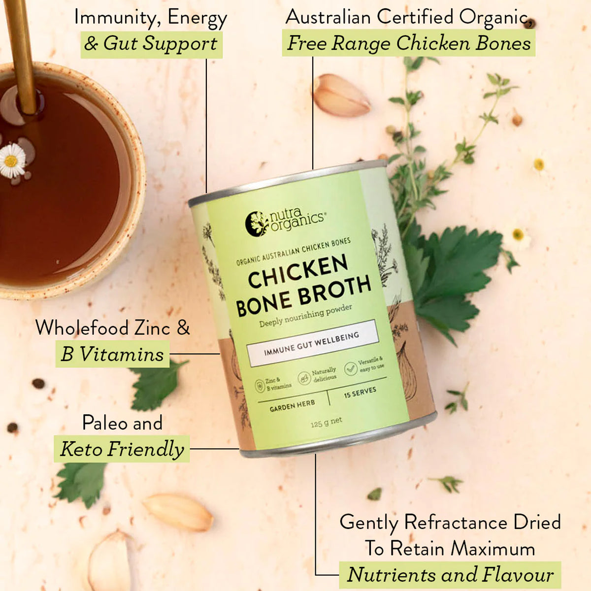 Nutra Organics, Chicken Bone Broth, Garden Herbs  (GF/DF), 125g - Healthy Snacks NZ