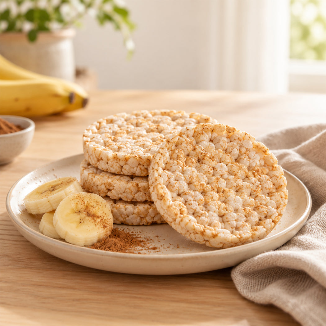 Three round rice cakes with banana slices and cinnamon on a beige ceramic plate, set on a wooden table with bananas and a plant blurred in the background.