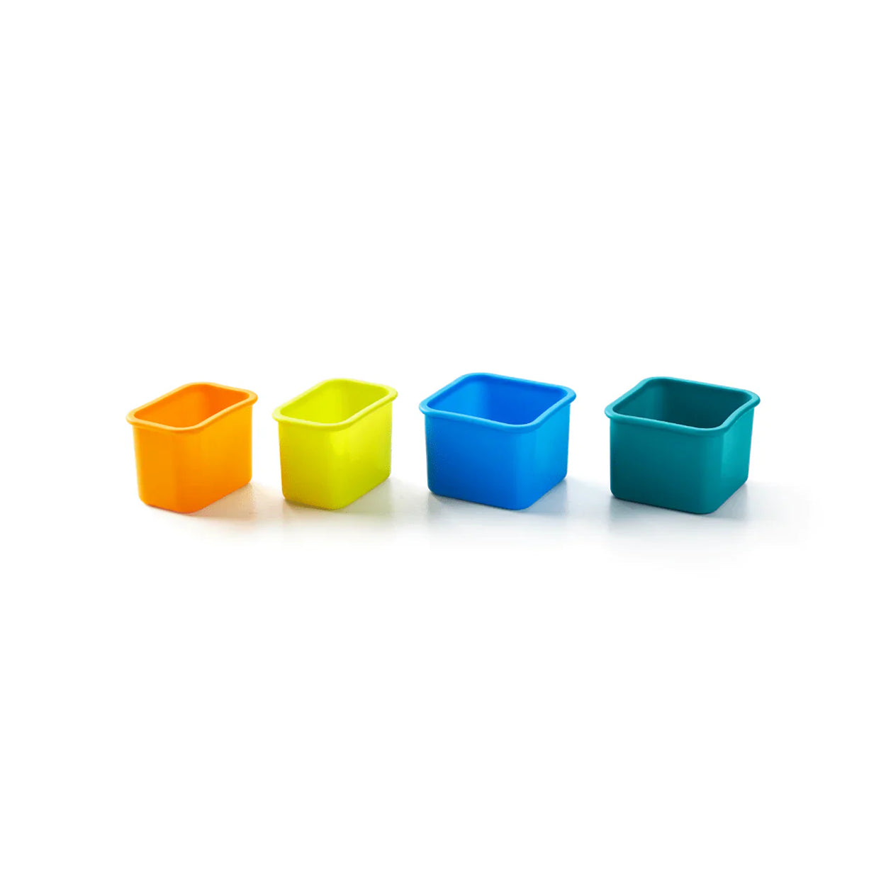 Four colorful plastic bins (orange, yellow, blue, green) on a white background