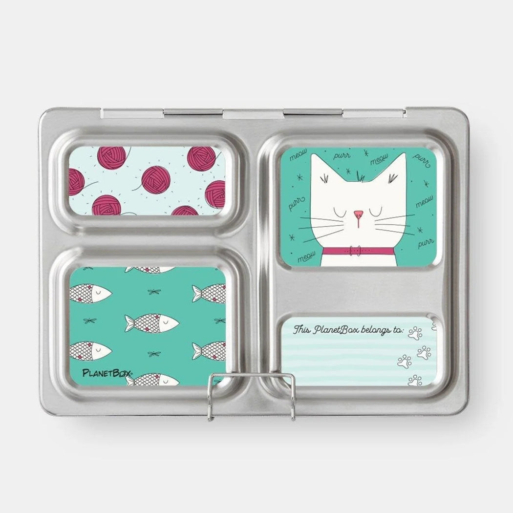 Four-compartment food container with cat-themed design on a white background