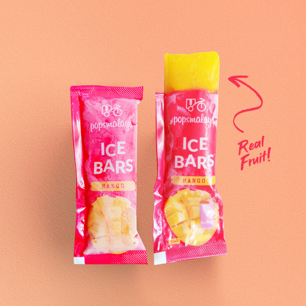 Two pink ice bar packages with yellow tops on a peach background, labeled 'Real Fruit'.