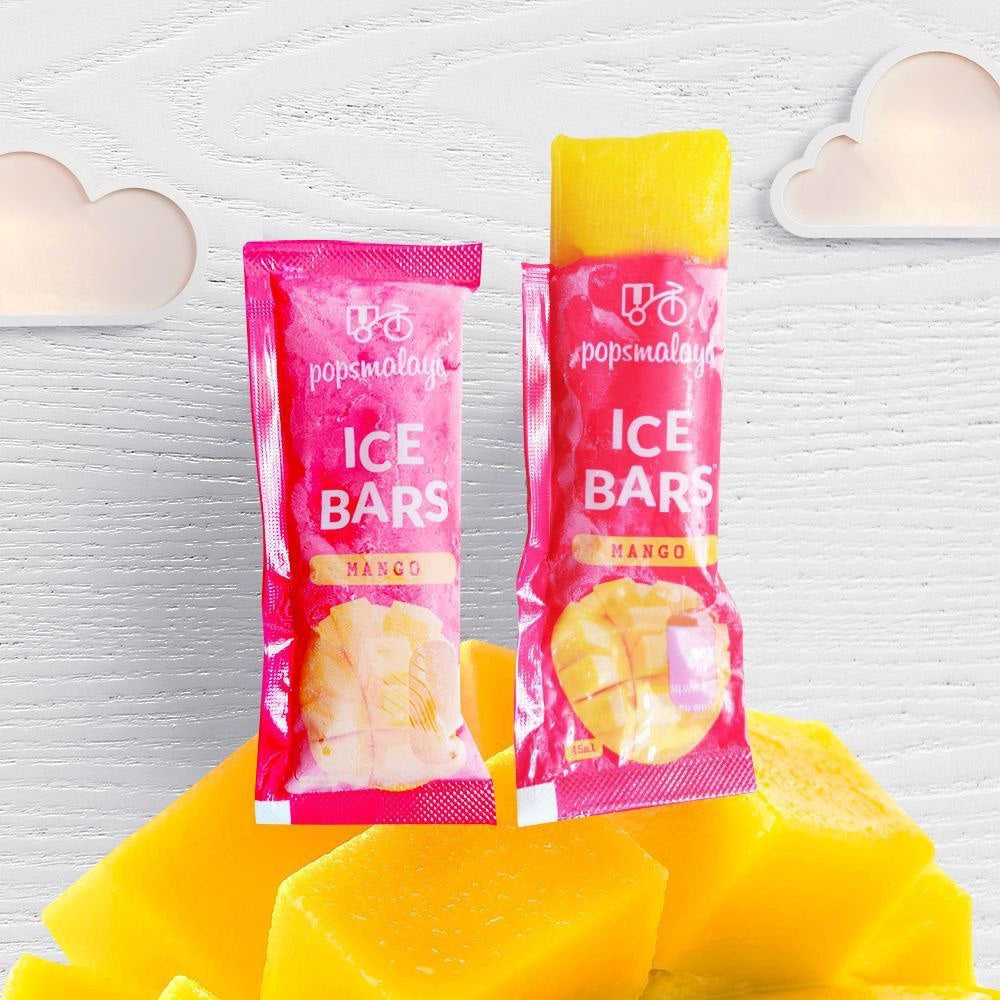 Two pink packages of popsmltd ice bars with mango flavor on a white background.
