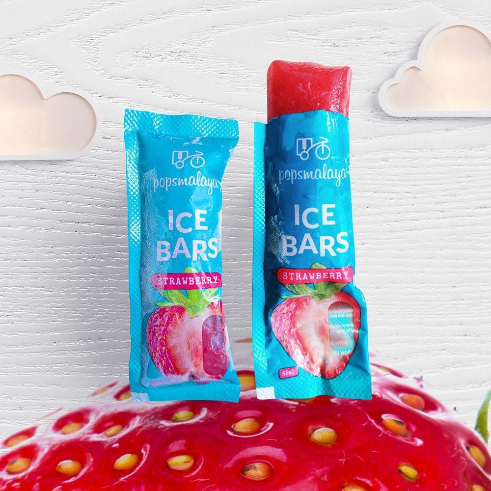Two packages of popsomalaya strawberry ice bars on a strawberry-shaped stand with a white background.