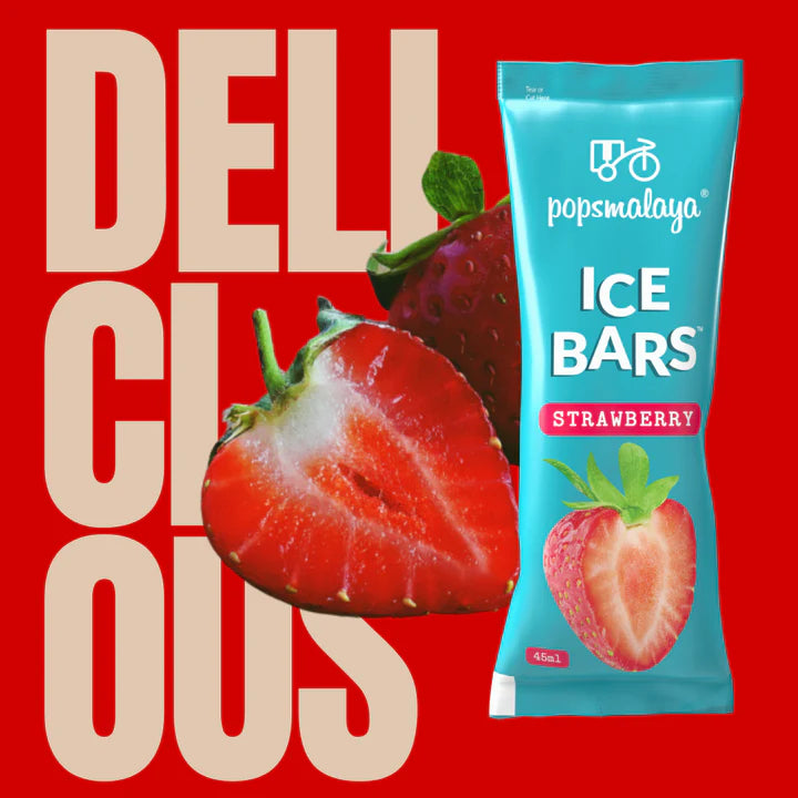 Popsmalaya Strawberry Ice Bars packaging with strawberries on a red background