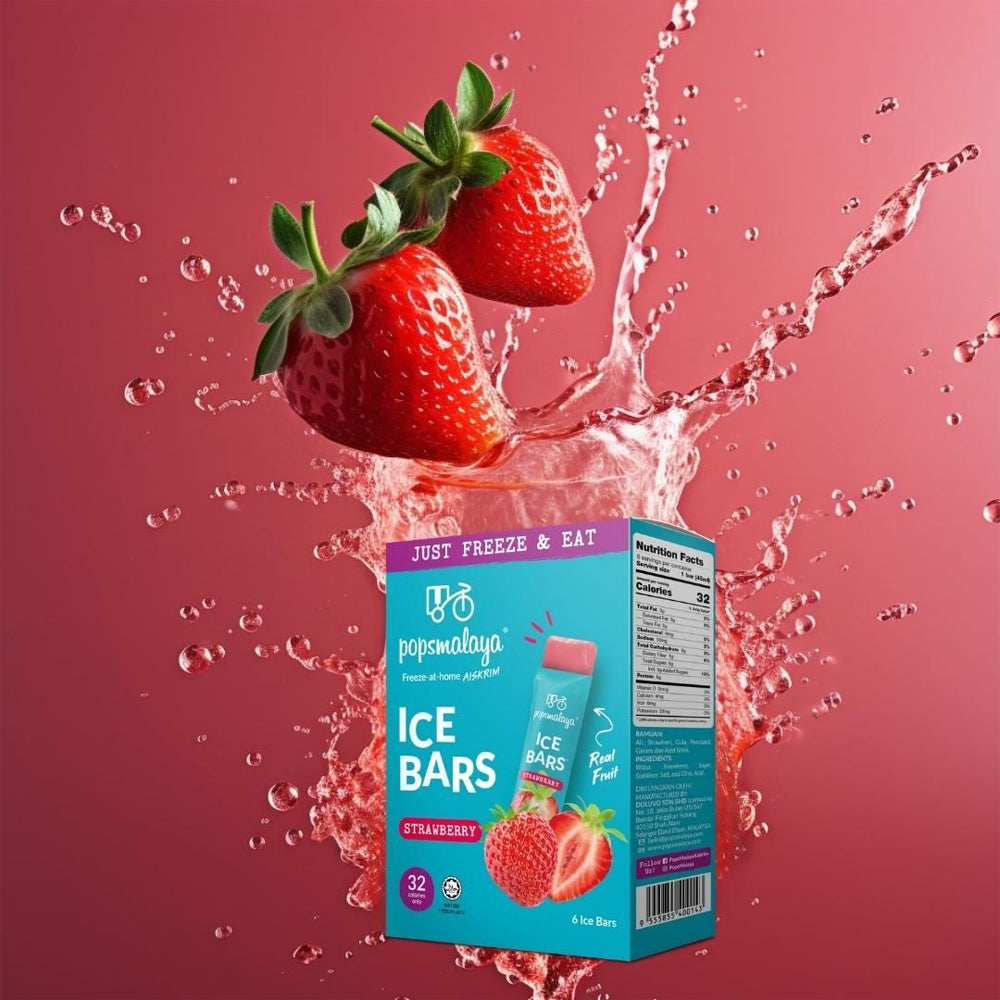 Pepmomaya strawberry ice bars packaging with ice cubes and strawberries on a red background