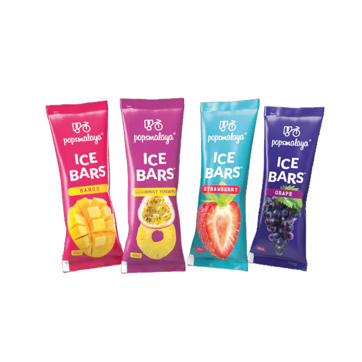 Four packages of Popsmalaya Ice Bars in different flavors on a white background