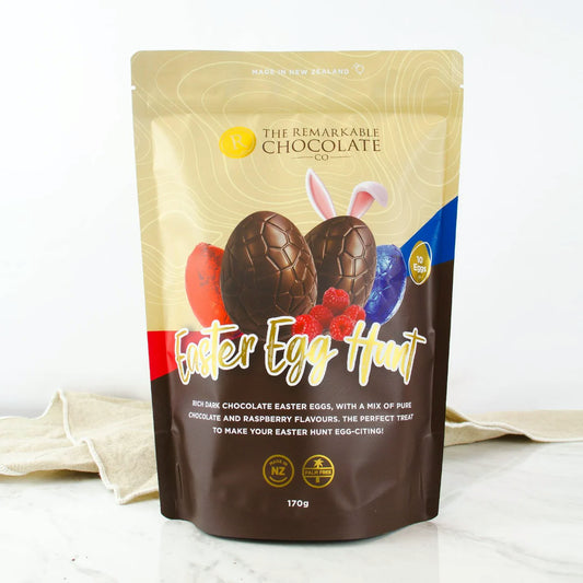 Packaging of 'Easter Egg Hunt' chocolate eggs with bunny ears on a white background
