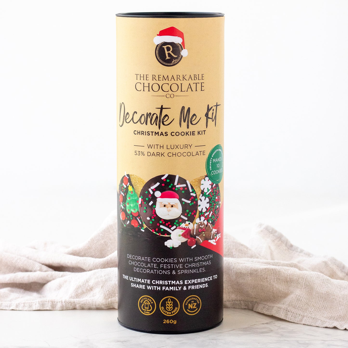 Decorate Me Kit Christmas Cookie Kit packaging from The Remarkable Chocolate Co on a white background.