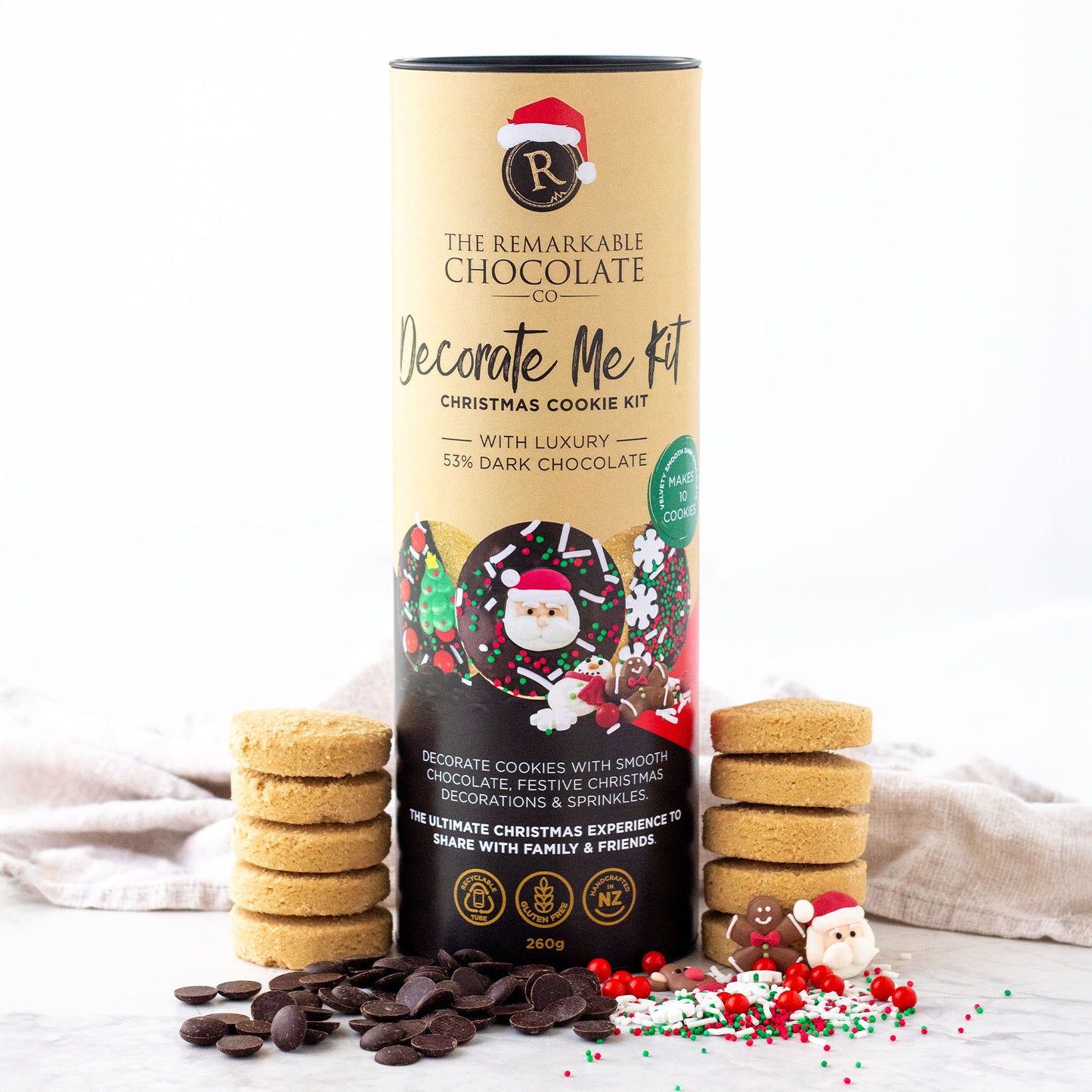 Decorate Me Kit Christmas Cookie Kit with chocolate and sprinkles on a white background