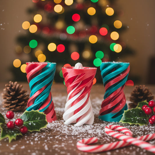 Decorative candy cane-shaped candles with a Christmas tree and lights in the background.