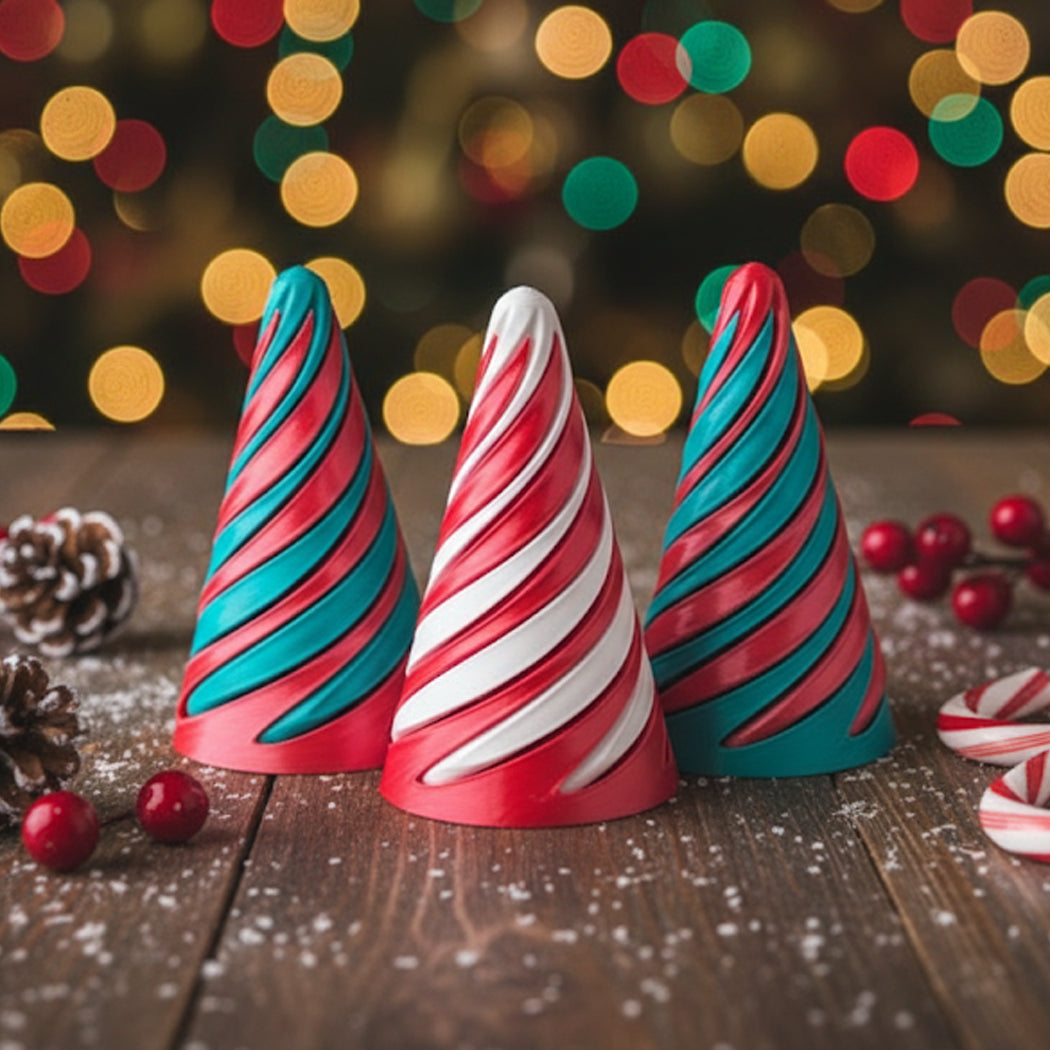 Colorful candy cane-themed cones on a wooden surface with festive lights in the background.
