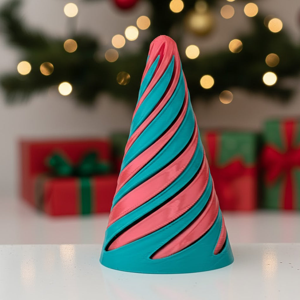 Decorative Christmas tree topper with pink and blue stripes in front of a blurred festive background.