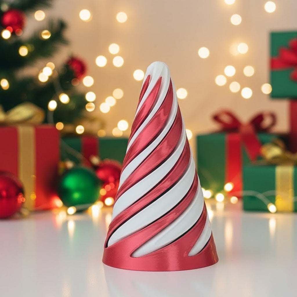 Red and white striped candy cane-shaped object with Christmas decorations in the background