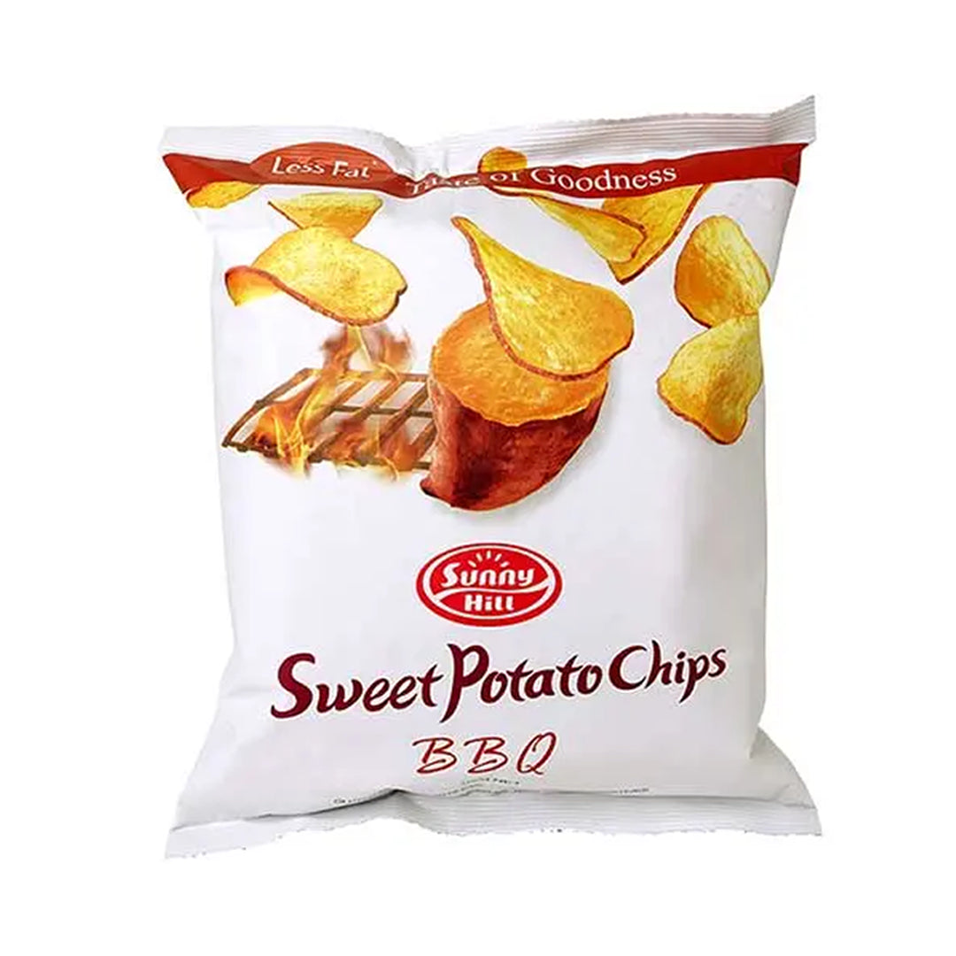 Bag of Sunny Hill Sweet Potato Chips BBQ flavor on a white background