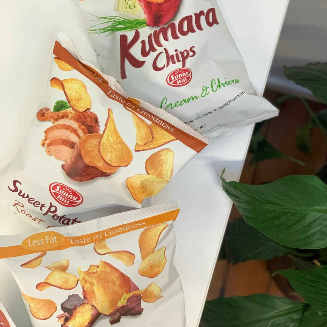 Two packages of Kumara Chips with flavor text on a white background
