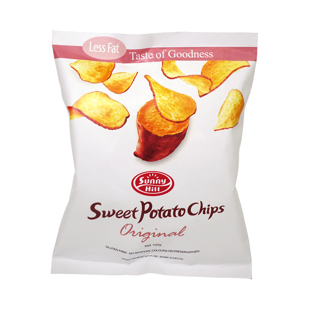 Bag of Sunny Hill Sweet Potato Chips on a white background